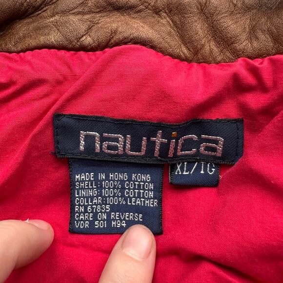 Vintage 90s Nautica Leather Collar Twill Bomber Jacket Mens XL Navy Red Full Zip - Picture 2 of 16